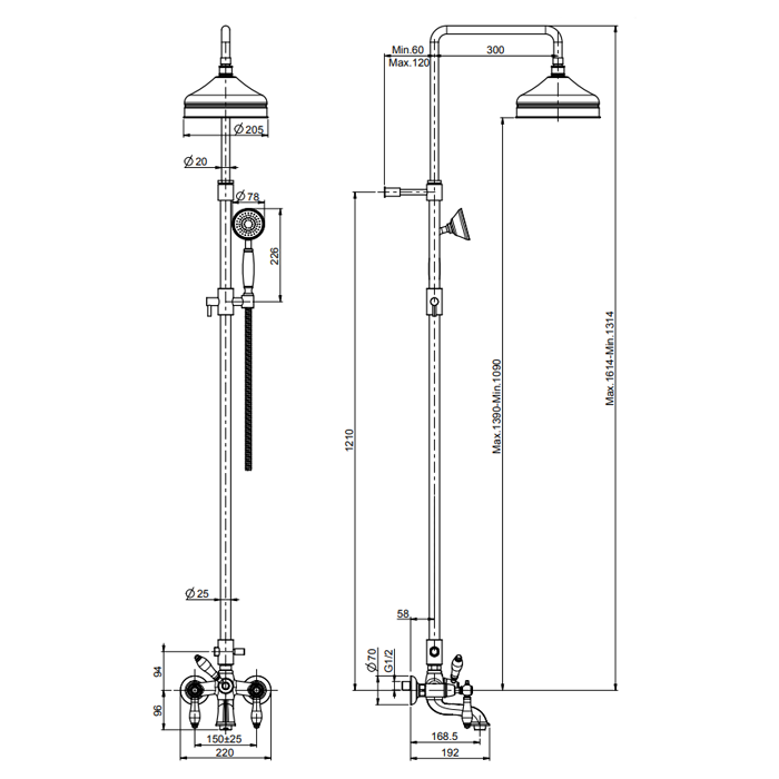 Fima Carlo Frattini Душевая стойка для ванны, в комплекте: смеситель, стойка, шланг 1500мм., ручной душ, верхний душ, Herend, F5404/2BR цвет: бронза