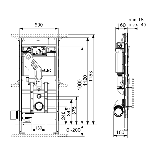 Модуль для установки унитаза, высота h1120мм, с системой очистки воздуха, без крепления к стене, lux TECE арт. 9600400