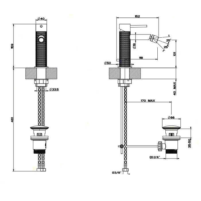Смеситель однорычажный для биде с донным клапаном, Gessi Meccanica, шлифованная сталь арт. 54207#239