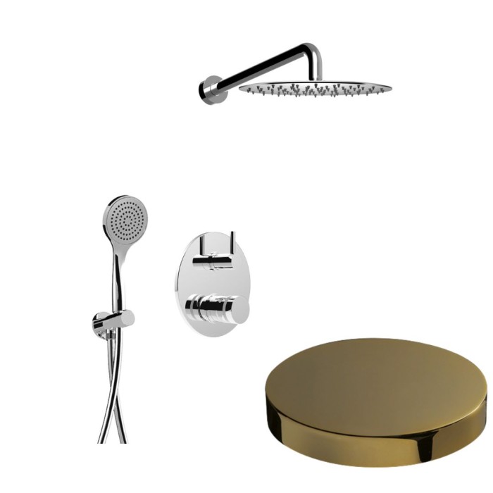 Встраиваемый душевой комплект на 2 режима, однорычажный, с поворотным переключателем, ручной душ, кронштейн, верхний душ d25 см, Giulini My ring, золото арт. MR0067O