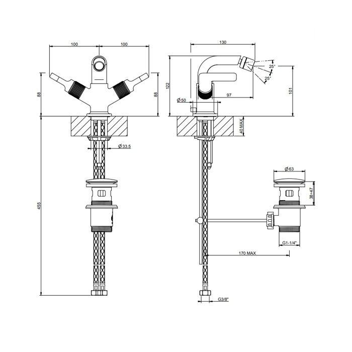 Смеситель для биде, двухвентильный, с донным клапаном на 1 1/4", соединительные шланги на 3/8", Gessi Inciso, black xl арт. 58027#299