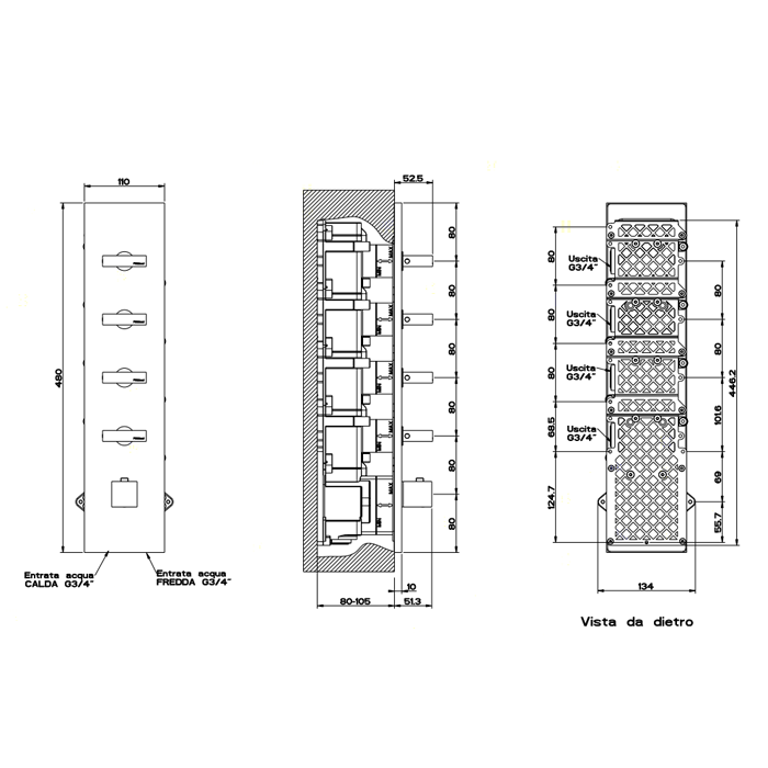 Встраиваемый термостатический смеситель, подключение на 3/4”, с 4мя независимыми выходами, Gessi Rettangolo, хром арт. 43028#031