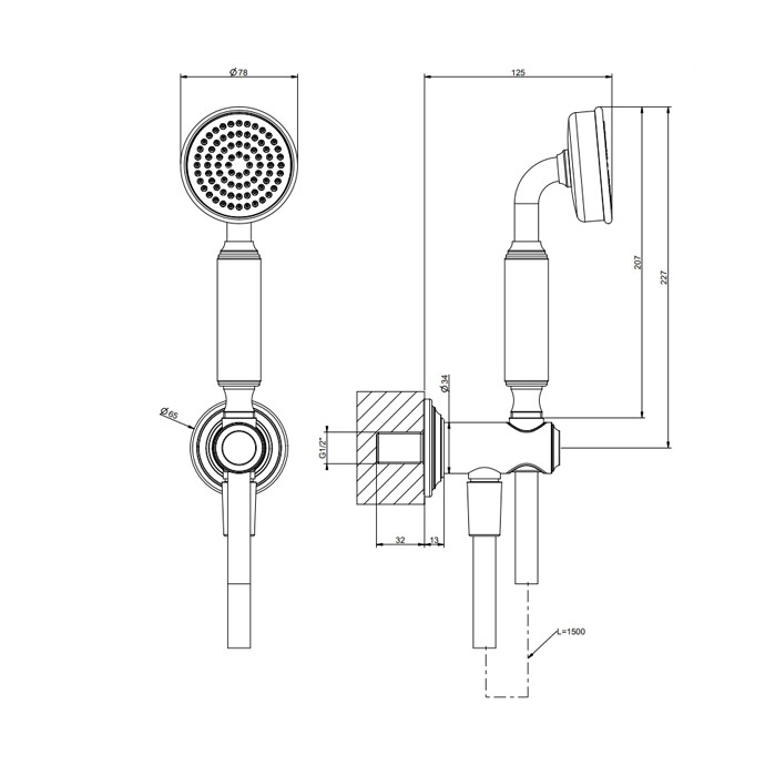 Комплект для душа с ручным душем, шлангом 1500 мм., держателем с подводом воды, Gessi Venti20, brass pvd арт. 65123#710
