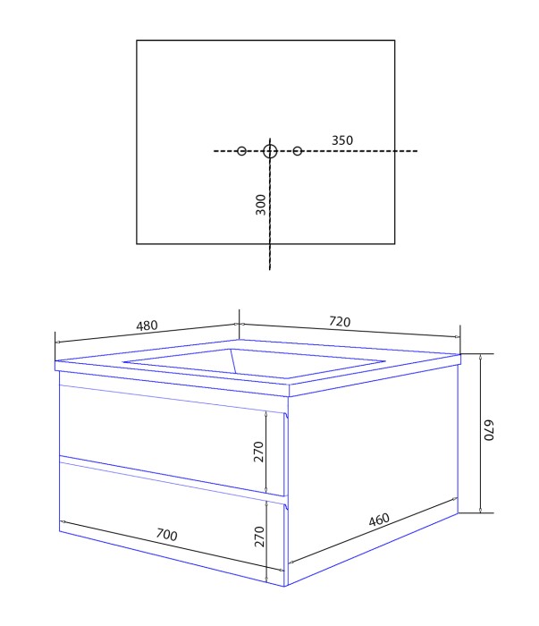 Тумба 70 720х670х480 подвесная с раковиной Monte 70, Azario Мила - CS00082786
