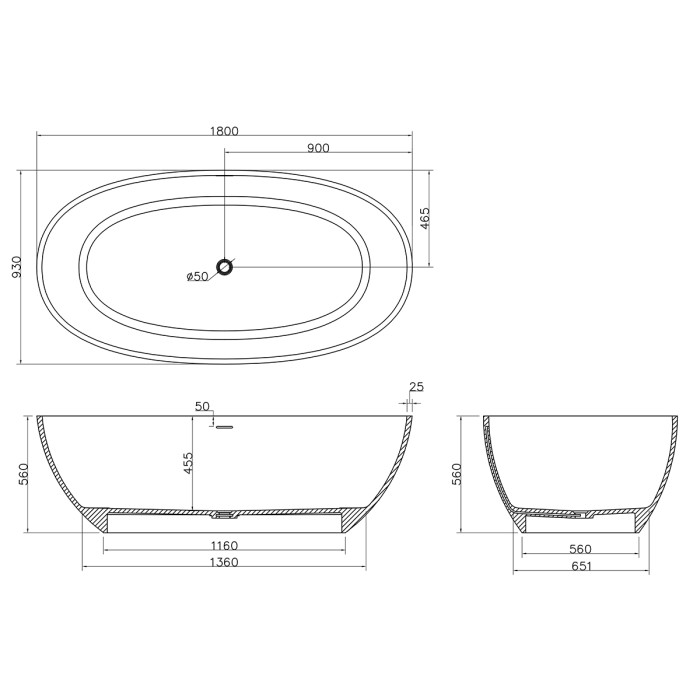 Ванна из искусственного камня 1800х930х560 свободностоящая белая матовая, с белым матовым донным клапаном, Azario Charters арт. CHA18093S