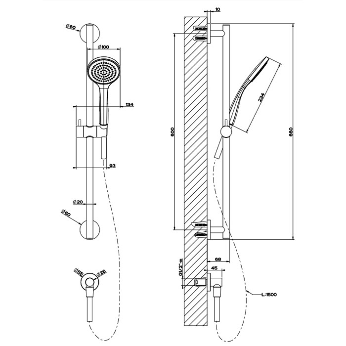 Душевой гарнитур, с ручным душем, шланг 1,5м и вывод воды, Gessi Emporio shower, хром арт. 47306#031