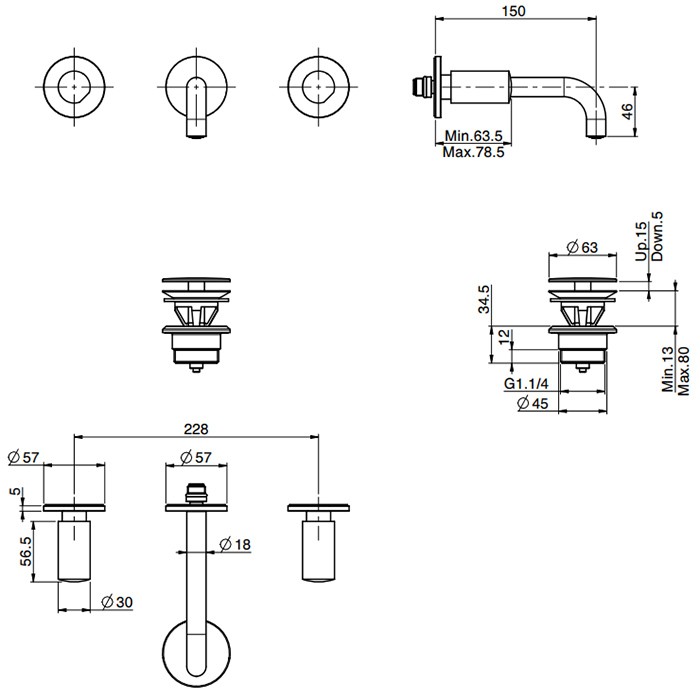 Fima Carlo Frattini Смеситель для раковины настенного монтажа, на 3 отв, донный клапан click-clack, So, F3191/5CR цвет: хром