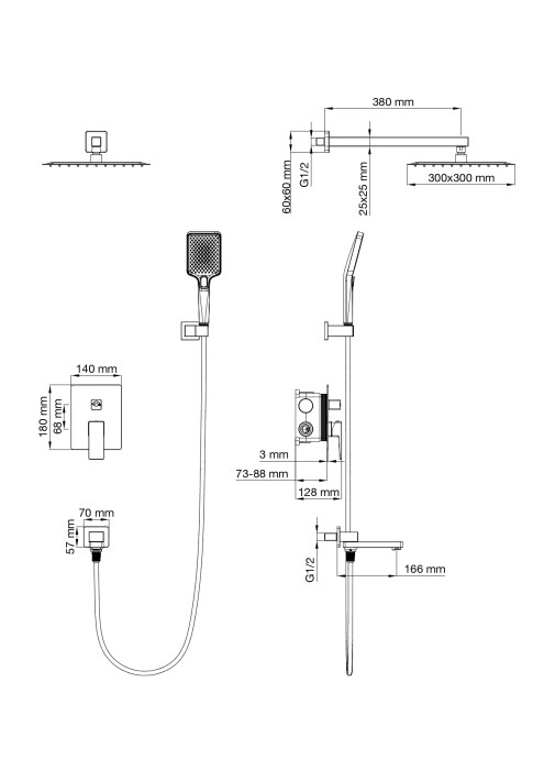Душевая система встраиваемая, Wonzon & Woghand Cube 2.0, WW-88087068-CR цвет: хром