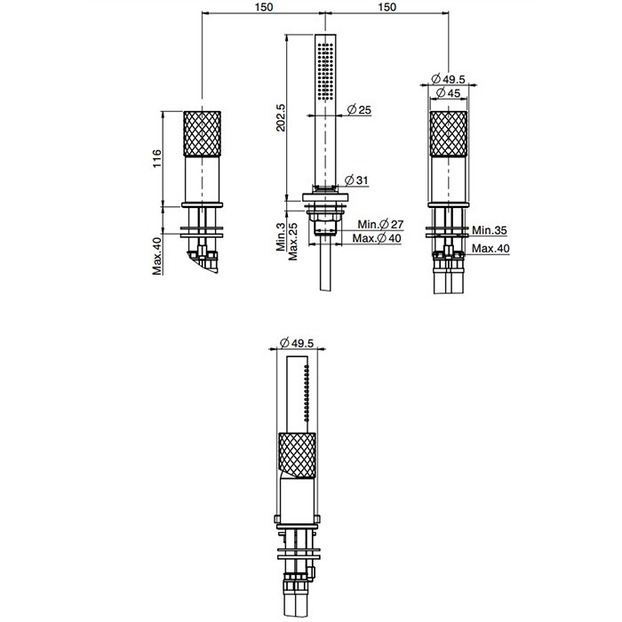 Fima Carlo Frattini Смеситель на борт ванны, на 3 отв., с ручным душем., Spillo Tech, F3044/1TNXCR цвет: хром