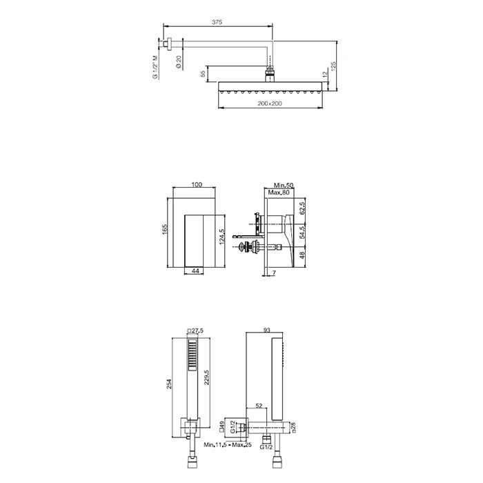 Fima Carlo Frattini Душевой комплект с верх душем 200х200мм, наст держ 350мм, душ комплектом, смес встр на 2 источн, внутр часть, Wellness, F3979CR цвет: хром