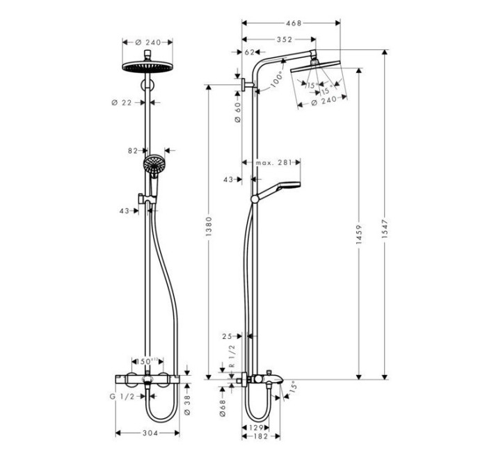 Душевая система с термостатом для ванны Crometta S Hansgrohe, хром арт. 27320000