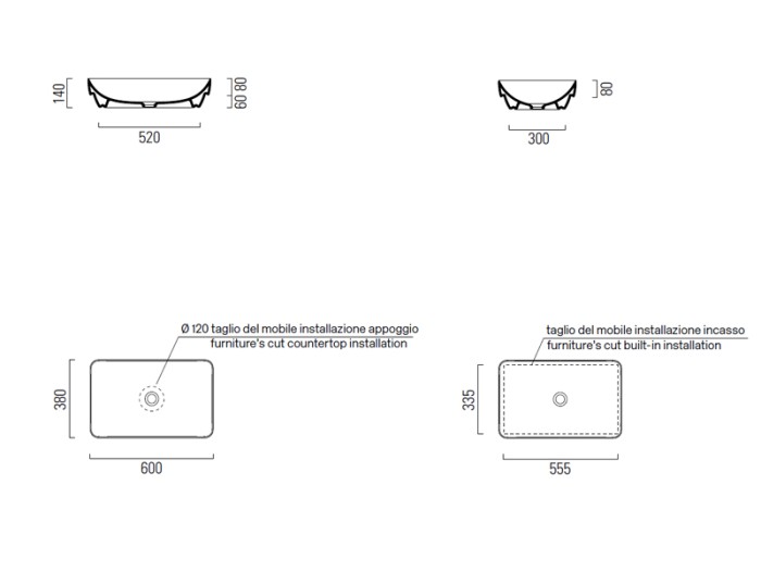 Раковина накладная 60х38х14 см, без перелива, санфарфор, Pura GSI арт. 883711
