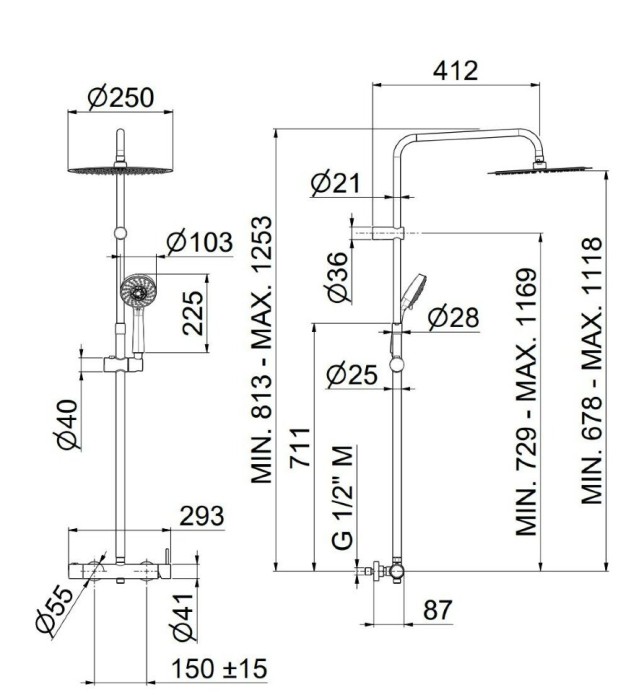 Душевая колонна на 2 потока с механическим смесителем с ручным душем на 5 режимов, Nota Kerama Marazzi, хром - 8236KM.21.018