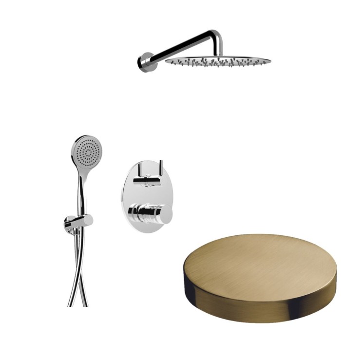 Встраиваемый душевой комплект на 2 режима, однорычажный, с поворотным переключателем, ручной душ, кронштейн, верхний душ d25 см, Giulini My ring, золото брашированное арт. MR0067OSP