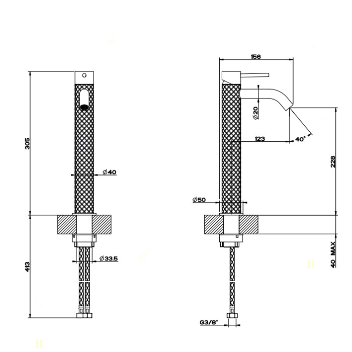 Смеситель для раковины высокий, без донного клапана, Gessi Intreccio, шлифованная сталь арт. 54109#239