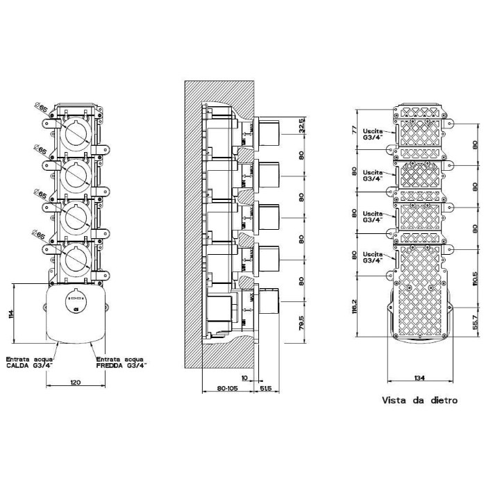 Встраиваемый термостат для душа, с 4мя независимыми выходами, верт/гориз установка, Gessi Tondo, хром арт. 43238#031