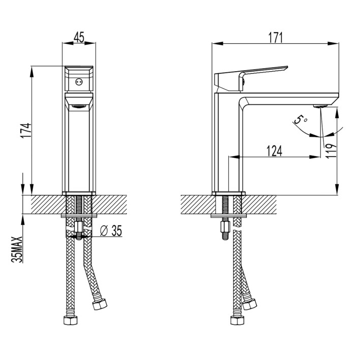 Смеситель для раковины, керамический картридж, без донного клапана, хром, Azario HARDCORE арт. AZ-VJG168277C