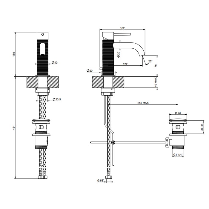 Смеситель для раковины на 1 отв., с донным клапаном, излив: 123мм, Gessi 316, brushed black metal pvd арт. 54301#707