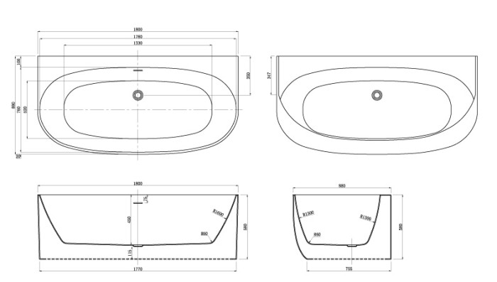 Акриловая ванна 1800X880X580, пристенная, Azario Cambridge арт. CAM18090