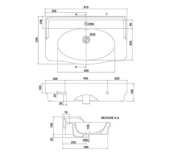 Раковина подвесная или накладная с переливом с одним отверстием с антибактериальным и грязеотталкивающим покрытием BIOKER, цвет белый, Scarabeo Castellana - 5302 BK