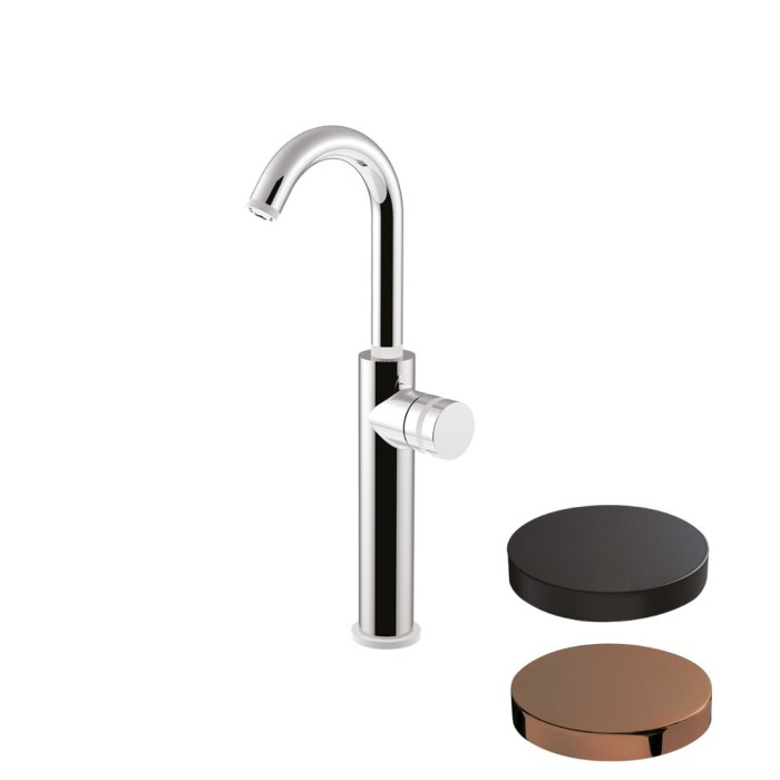 Смеситель для раковины с высоким и поворотным изливом, без донного клапана, Giulini My ring, черный матовый c кольцом розовое золото арт. MR0085H/SCCCNORG