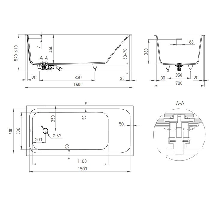 Ванна встраиваемая 160x70, матовая, Salini ORLANDA KIT арт. 102125MRF