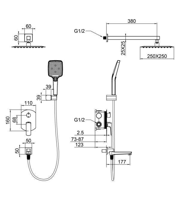 Душевая система встраиваемая, Wonzon & Woghand Forza, WW-939031-BGM цвет: графит