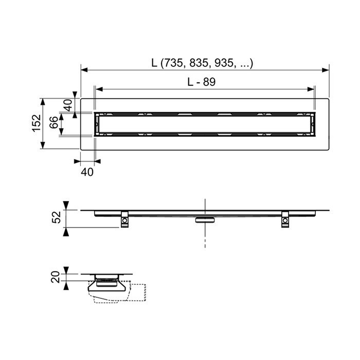 Комплект душевого трапа под укладку натурального камня, 1000мм, drainline TECE арт. 651000 650000 660016 660003 660001