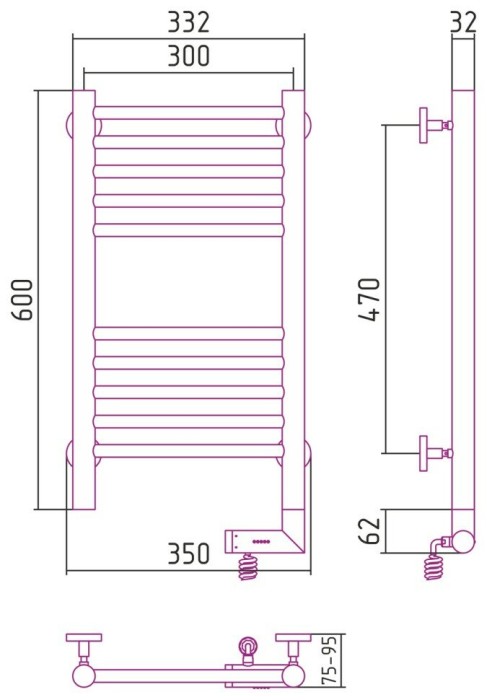 Сунержа Электрический полотенцесушитель 600x300, Богема 2.0, 00-5205-6030 цвет: без покрытия