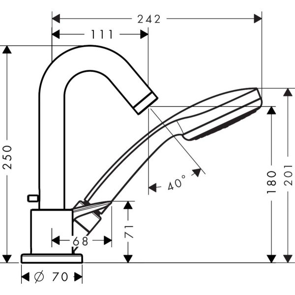 Смеситель для ванны на край ванны, на 3 отверстия, с душевым гарнитуром, Hansgrohe Logis, хром арт. 71310000