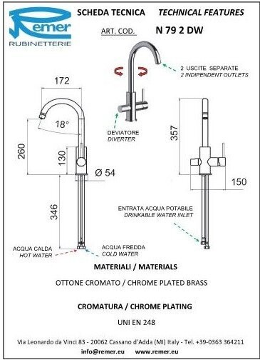 Cмеситель для кухни никель глянцевый, Remer X Style, внешнего монтажа N792DWNP