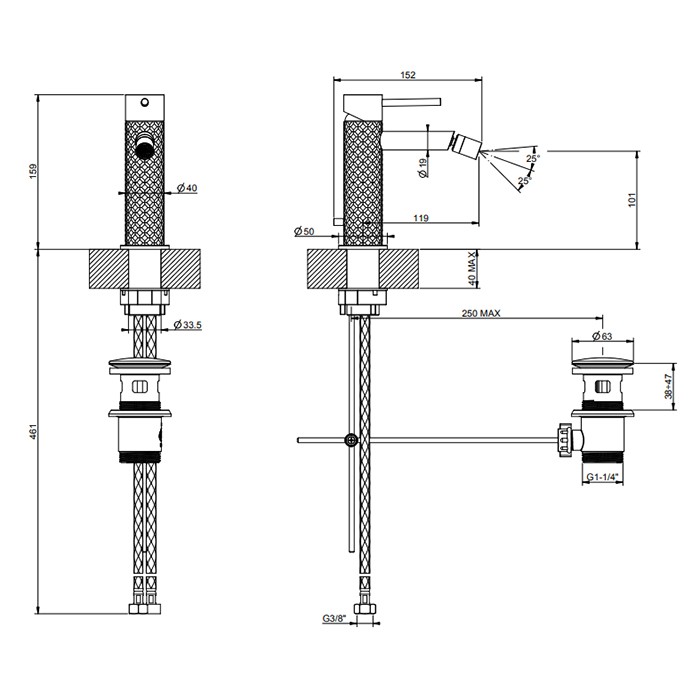Смеситель для биде на 1 отв. с донным клапаном, излив: 118мм, Gessi 316, brushed black metal pvd арт. 54107#707
