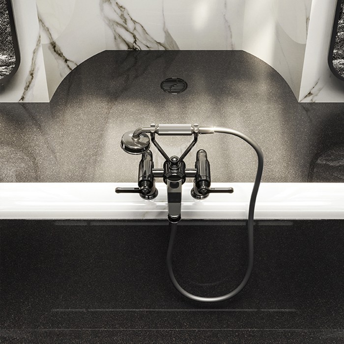 Смеситель для установки на борт ванны на 2 отверстия, двухвентильный, с ручным душем и шлангом 1500 мм., Gessi Venti20, черный матовый арт. 65115#299