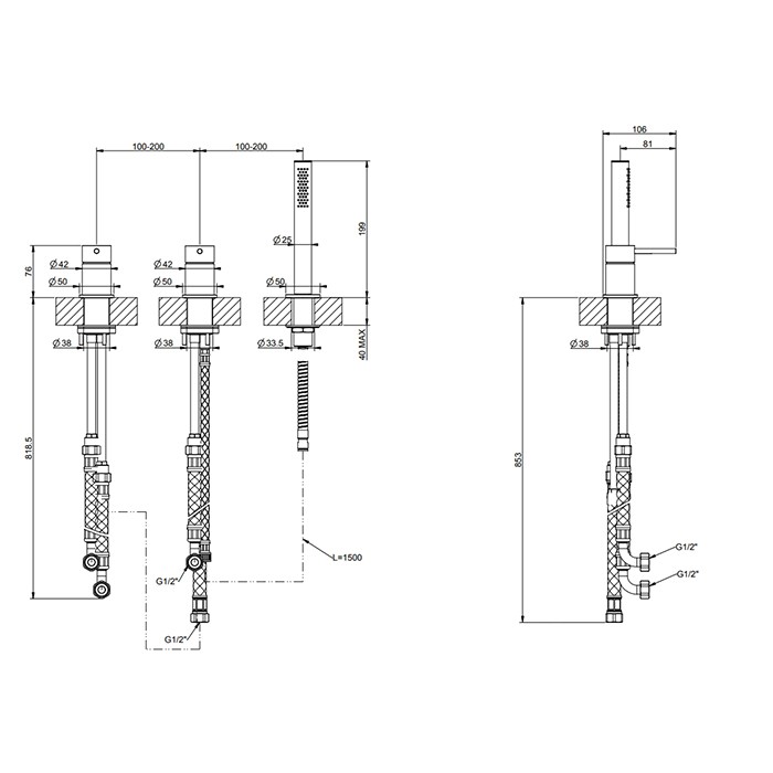Смеситель для ванны, на 3 отверстия, наполнение через слив-перелив, с переключателем, убирающаяся душевая лейка, Gessi 316, black xl арт. 54043#299