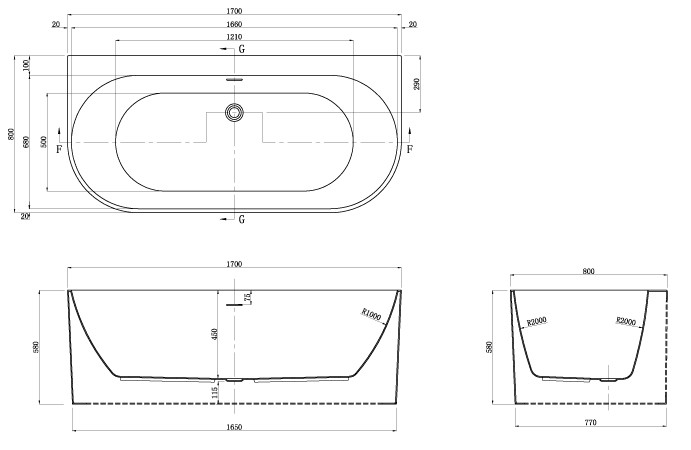 Акриловая ванна 1700х800х580 пристенная, Azario Bradford арт. BRA17080