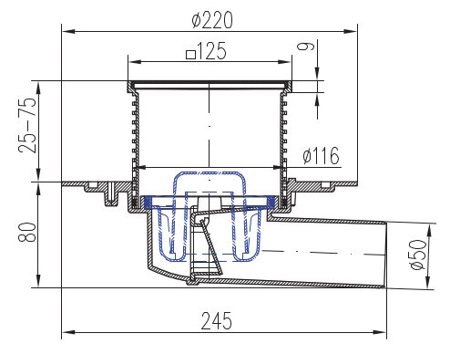 Душевой трап DN50 12,0х12,2см, пластиковый, горизонтальный слив, универсальный, решетка из нержавеющей стали, НЕПТУН Azario - AZ-425 X L