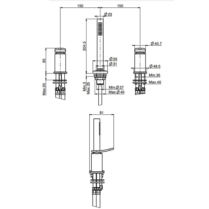 Fima Carlo Frattini Смеситель на борт ванны, на 3 отв., с ручным душем, Flo, F3814/1NCR цвет: хром