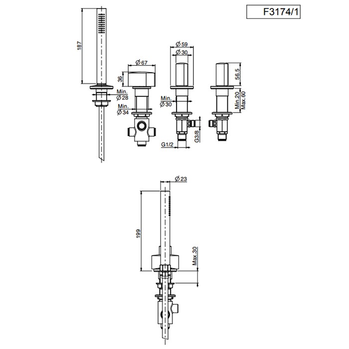 Fima Carlo Frattini Смеситель на борт ванны двойной, без излива, с душевым комплектом, So, F3174/1CR S4CR S2CR цвет: хром