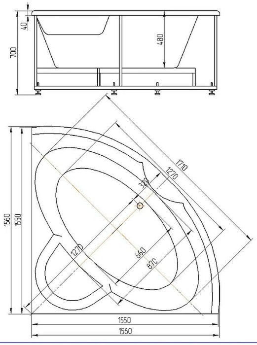 Ванна с фронтальным экраном (вклеенный каркас) Aquatek Поларис-2 арт. POL2-0000041