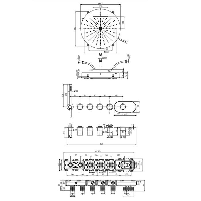 Fima Carlo Frattini Душевая Система с верхним душем 40см., смеситель термостатический, с ручным душем, Sistemi doccia, F3188X4R40CR цвет: хром