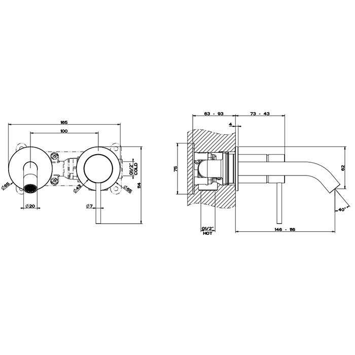 Встраиваемый смеситель с изливом 146-116мм, Gessi 316, brushed black metal pvd арт. 54083#707