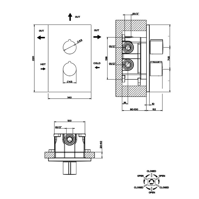 Смеситель для душа, встраиваемый, термостатический, на 3 позиции, Gessi Emporio Via manzoni, black xl арт. 38796#299