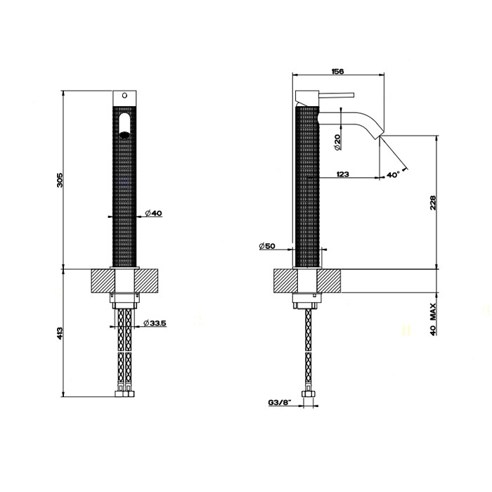 Смеситель для раковины высокий, без донного клапана, Gessi Meccanica, шлифованная сталь арт. 54209#239