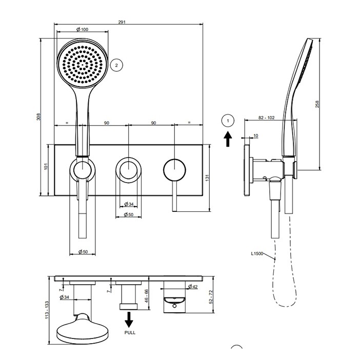 Смеситель для душа, встраиваемый, на 2 позиции с переключателем, подводом воды и держателем лейки, душевой лейкой и шлангом, Gessi Emporio Via tortona, finox brushed nickel арт. 44829#149