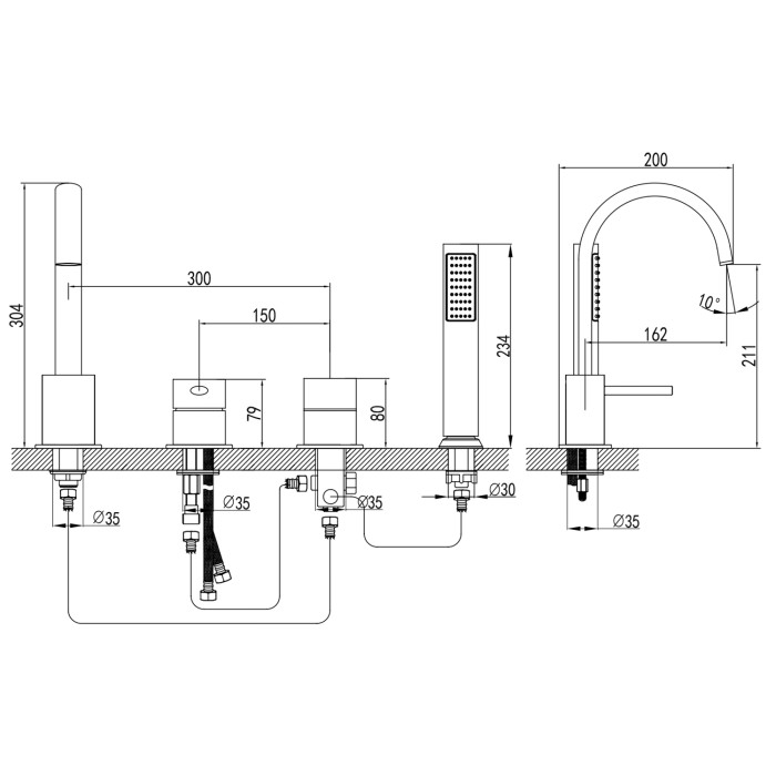 Смеситель на борт ванны каскадный, на 4 отверстия, черный, Azario DELICATE арт. AZ-QA28173PA-0307APA