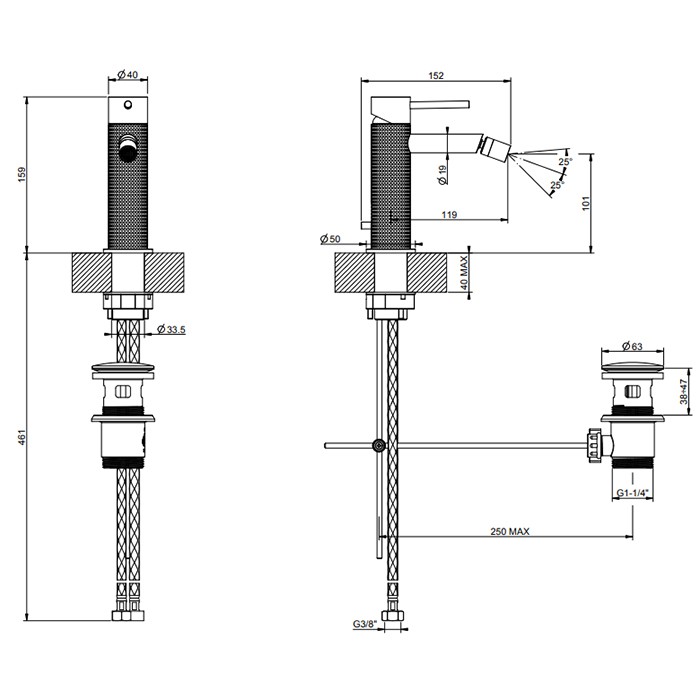 Смеситель для биде на 1 отв., с донным клапаном, излив: 118мм, Gessi 316, brushed black metal pvd арт. 54407#707