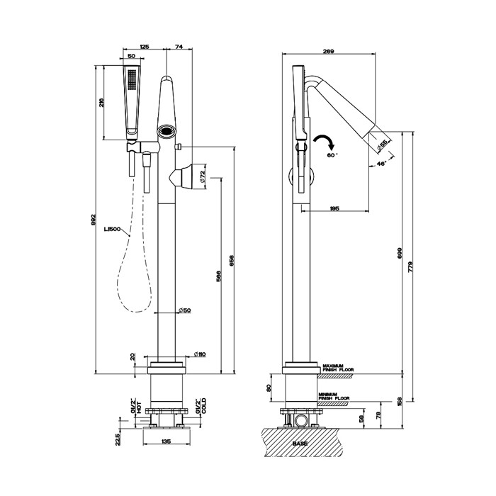 Смеситель для ванны напольный, с ручным душем и шлангом 1500 мм., внешняя часть, Gessi Cono, black xl арт. 45028#299