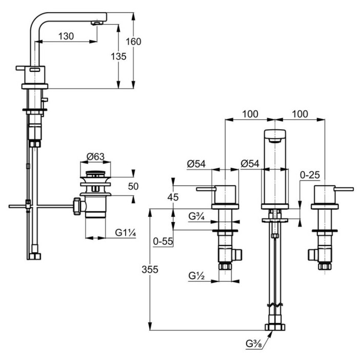 Смеситель для умывальника на 3 отверстия, zenta Kludi, хром - 383930575