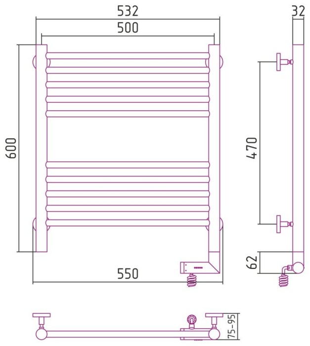 Сунержа Электрический полотенцесушитель 600x500, Богема 2.0, 1013-5205-6050 цвет: жемчужно-белый