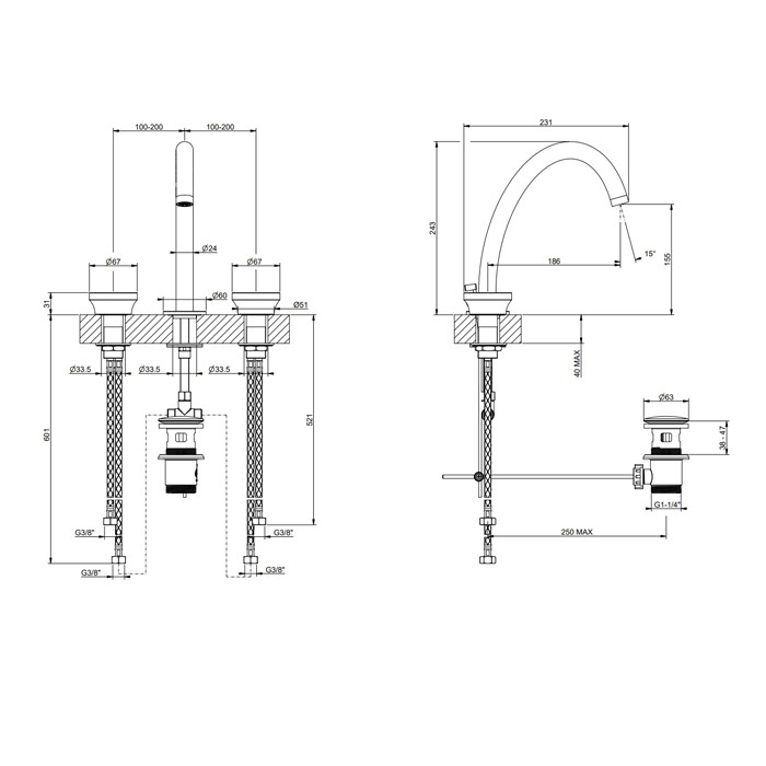 Смеситель для раковины на 3 отв, с донным клапаном, Gessi Origini, хром арт. 66013#031
